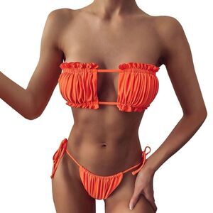 Lalalux Orange Ruched Bust Frill Padded Bandeau Sexy Miami Hawaii Bikini Kini L